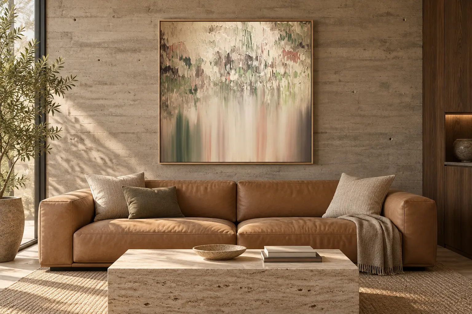 Conceptual room visualization: Sanjay Patel’s square painting 468 above a camel leather sofa against a concrete wall