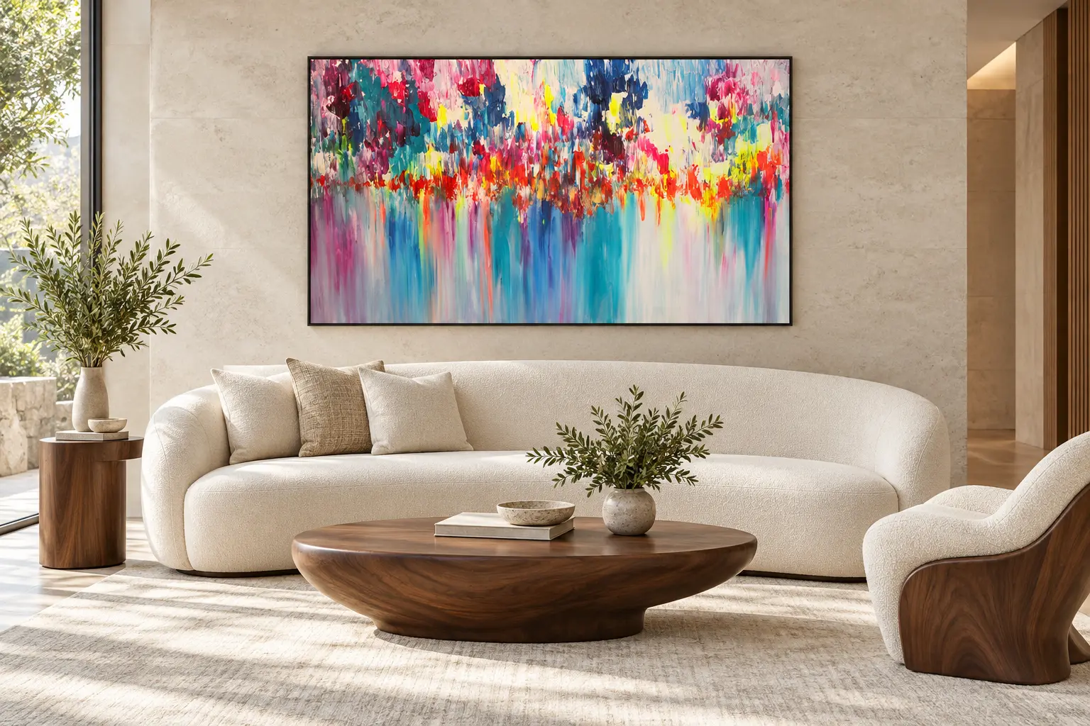 Conceptual room visualization: Sanjay Patel’s Untitled 397 above an ivory sofa in a modern doctor’s office lounge