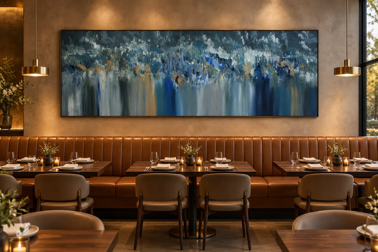 Conceptual room visualization: Sanjay Patel’s panoramic blue painting 580 above the banquette of a modern restaurant